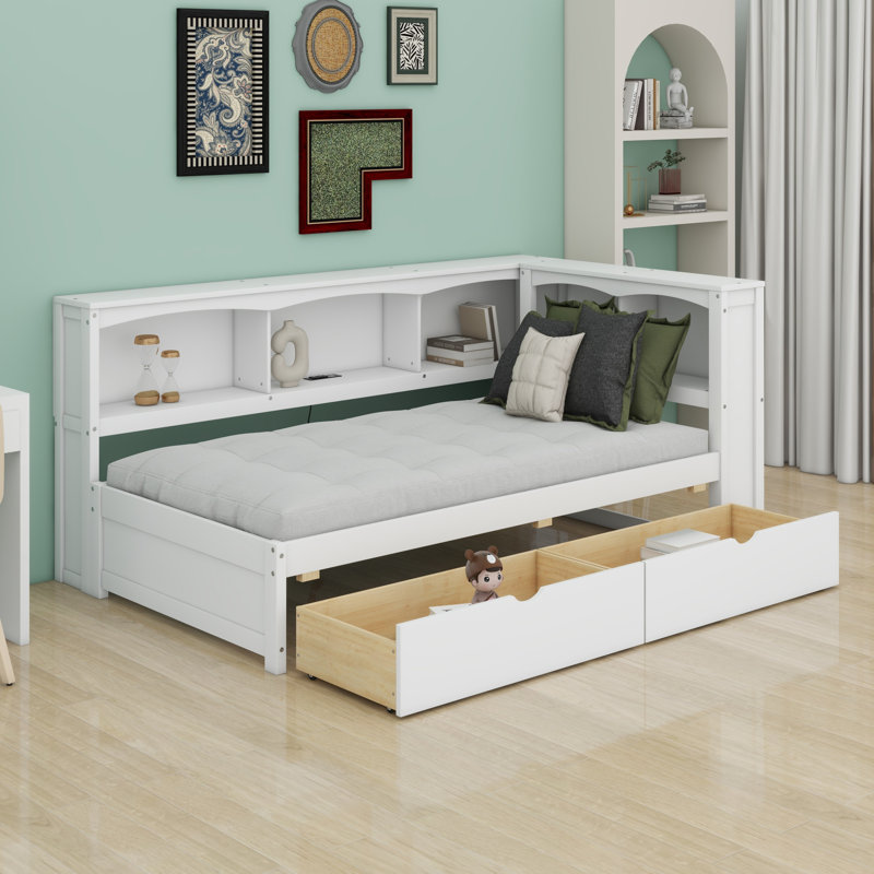 Lit de jour avec tiroirs de rangement, armoires de rangement et ports USB, Blanc