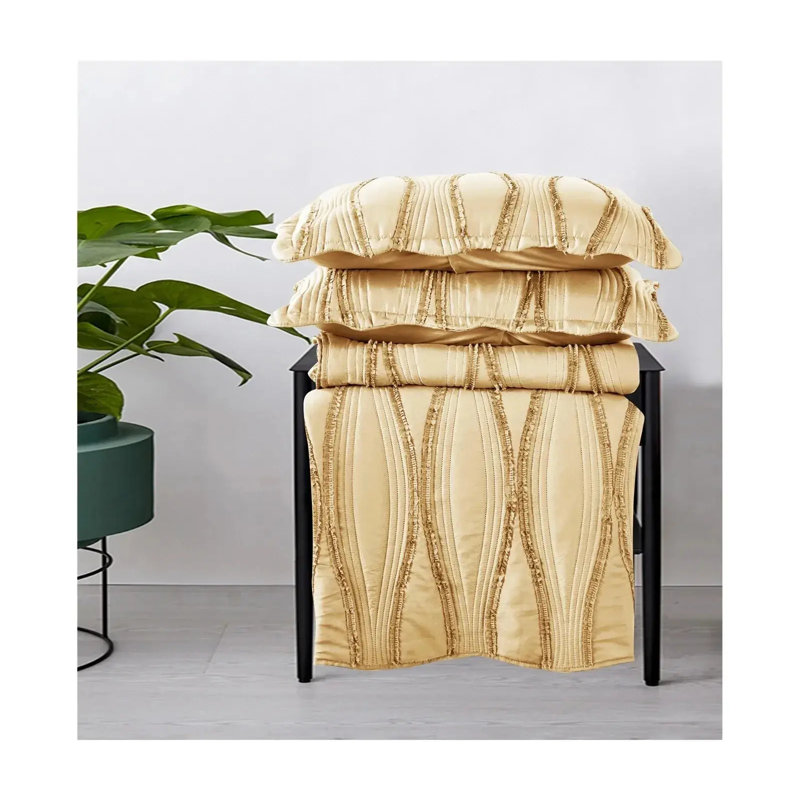 3 Piece Quilted Bedspread Bed Throw Embossed Bedding Set Single Double, Super King Bedspread + 2 Standard Pillowcases