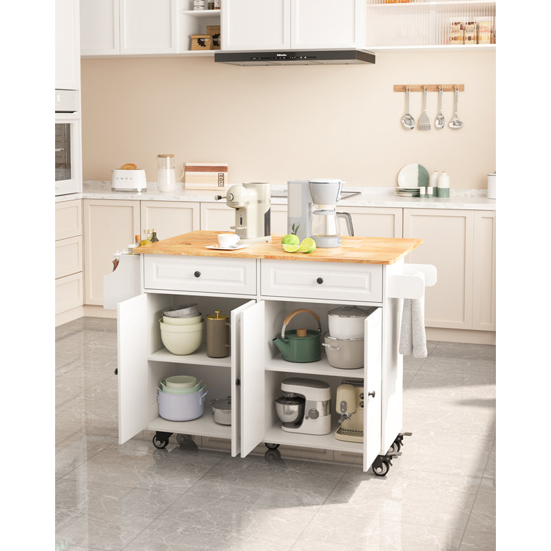 Îlot de cuisine en bois massif, Base blanche / comptoir brun