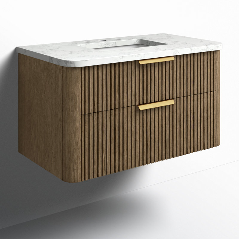 Liljan 42'' Wall-Mounted Single Bathroom Vanity, Aged Oak/Brushed Bronze