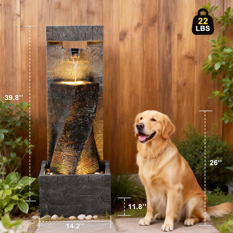 39.8’’ Tall Modern Spiral Waterfall Fountain Outdoor/indoor Water Fountain Resin Stone-like Water Feature With Led Lights For Outside, Garden, Patio, Porch, Deck, Backyard, Home Decor