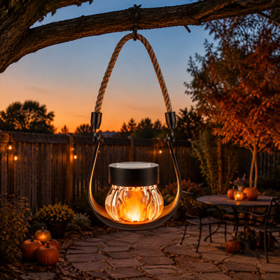 2-Pack Solar Lanterns with Flickering Flame Effect | Solar Powered + 2-in-1 Type-C Dual Cable, IP44 Waterproof Hanging Lights for Indoor/Outdoor Halloween Party & Yard Decor