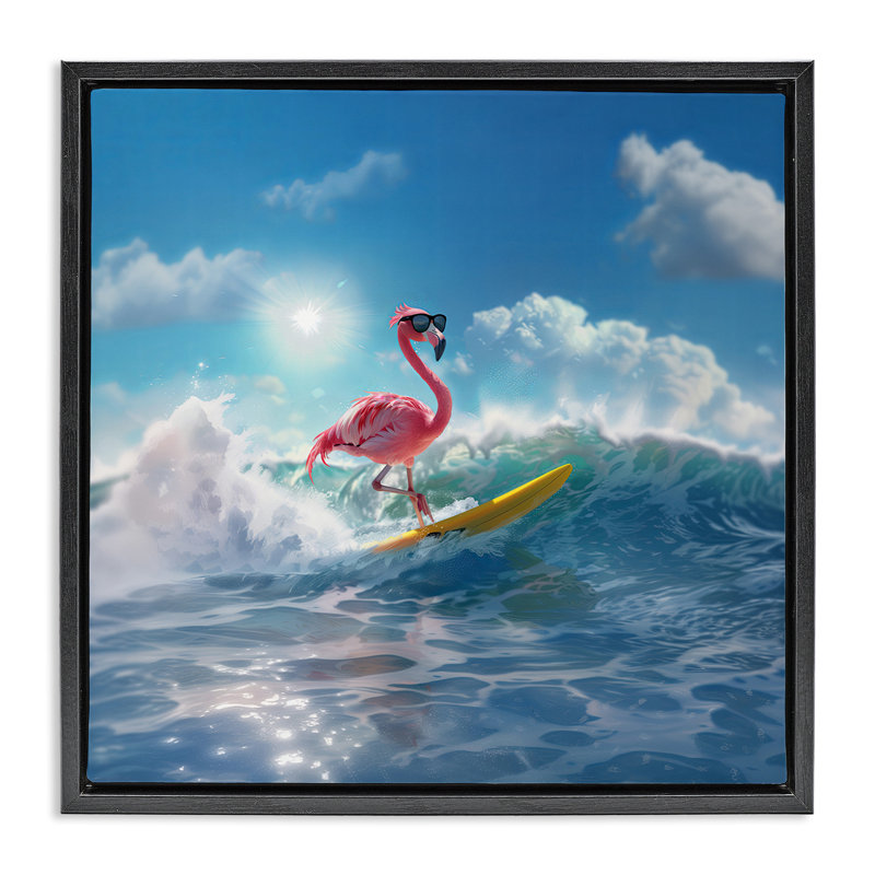 «Flamingo Surfing White Caps», art mural encadré flottant par Jim Baldwin, Cadre flottant noir de jais, H 18 po x l 18 po