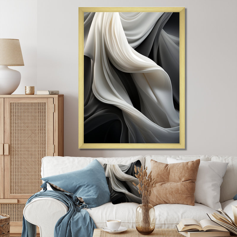 Gris, apaisant, ombres III, art mural abstrait, Cadre doré simple, H 44 po x l 34 po x P 1,5 po