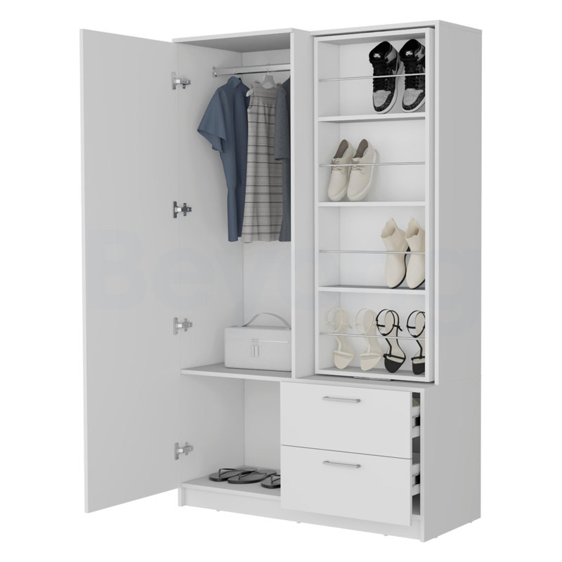 Armoire blanche avec rangement ouvert et 2 tiroirs