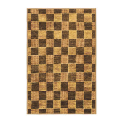Tapis en laine / polyester à carreaux tissé à la machine en brun / gris
