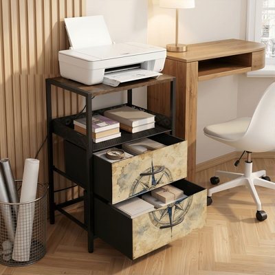 Table de chevet 2 tiroirs avec station de charge, table de chevet pour chambre à coucher avec ports USB, tablette ouverte noire, table de chevet avec impression de carte nautique Vintage Rose des vents