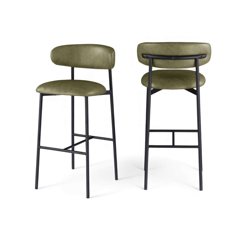 Tabouret de bar rembourré en cuir Lupita, Cuir végétalien vert olive, Noir mat