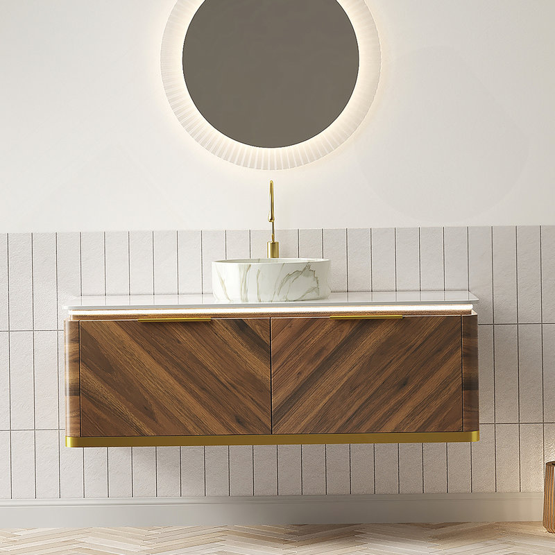 Meuble-lavabo et évier de salle de bain 48 po DIPA, armoire de rangement en contreplaqué flottant, tiroirs avec poignée et capteur de lumière, vasque en céramique à motif de pierre et plateau en pierre frittée, pré-assemblé, couleur grain de bois noyer foncé