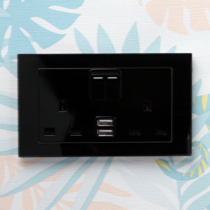 Crystal PG 2.1A USB & 13A DP Double Plug Socket With Switch White, Black