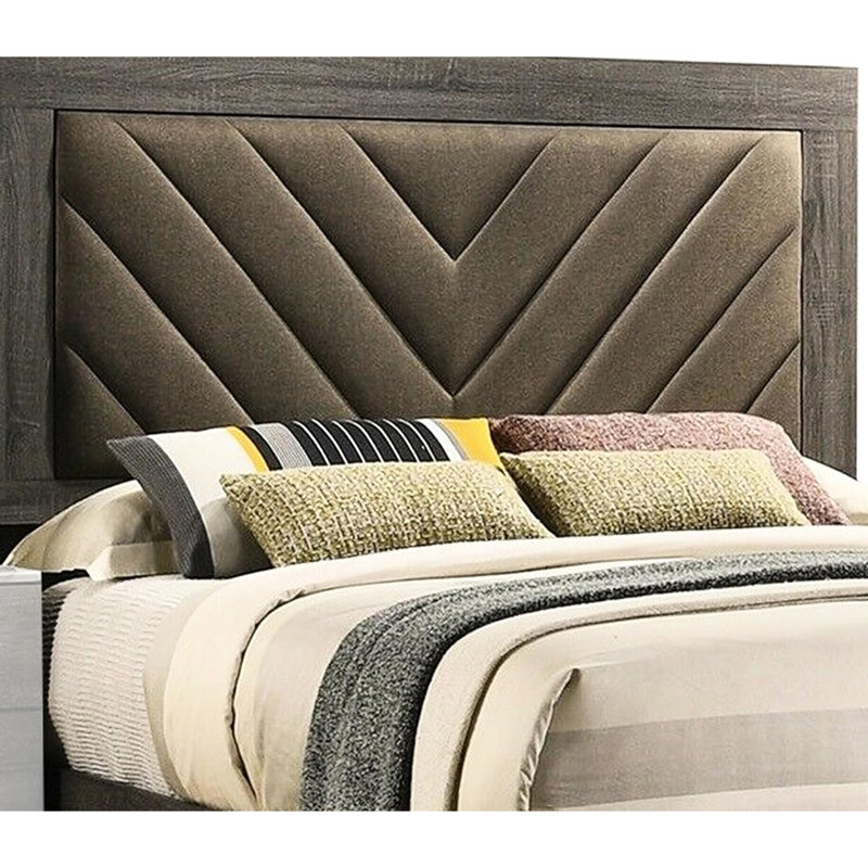 Contemporary King Size Bed With Brown Fabric Upholstered Headboard And Wood In Modern Style Grey Box Spring Requirement