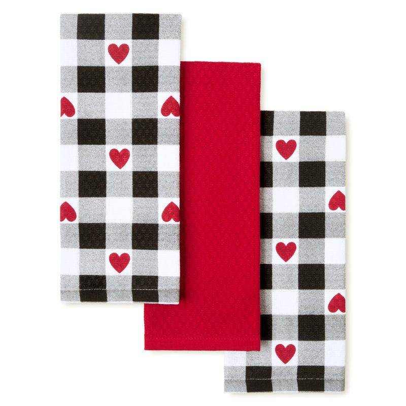 Ensemble de serviettes de cuisine en coeurs vichy Love Check MARTHA STEWART noir / blanc / rouge 16 po x 28 po