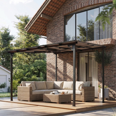 10' X 12' Outdoor Pergola Gazebo,Wall-Mounted Lean To Metal Awning Gazebo With Roof,Large Heavy Duty For Patio,Decks,Backyard