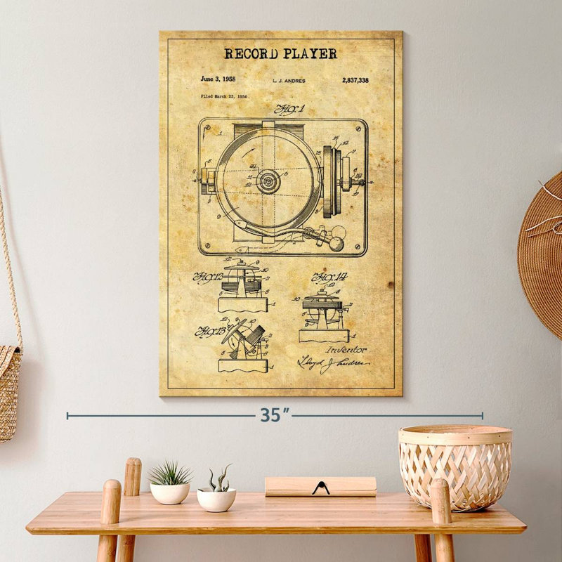 Disque tourne-disque brevet sur toile, H 30 po x l 20 po x P 1,25 po