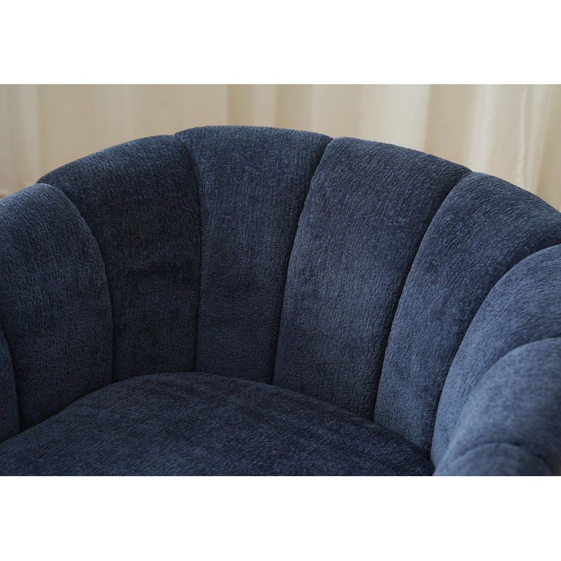 Wolen Upholstered Modern Swivel Barrel Chair, Brown Wood, Navy Chenille