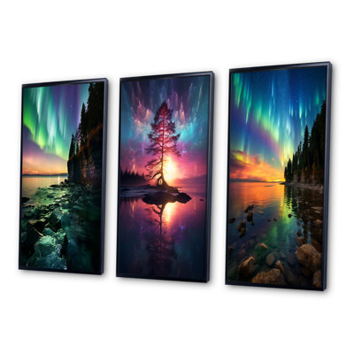 3 pièces sur toile - Aurore boréale magique, lac arctique Serenity III