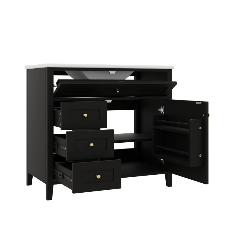 Armoire de meuble-lavabo 36 po, avec lavabo en céramique, 3 tiroirs, Noir, Doré