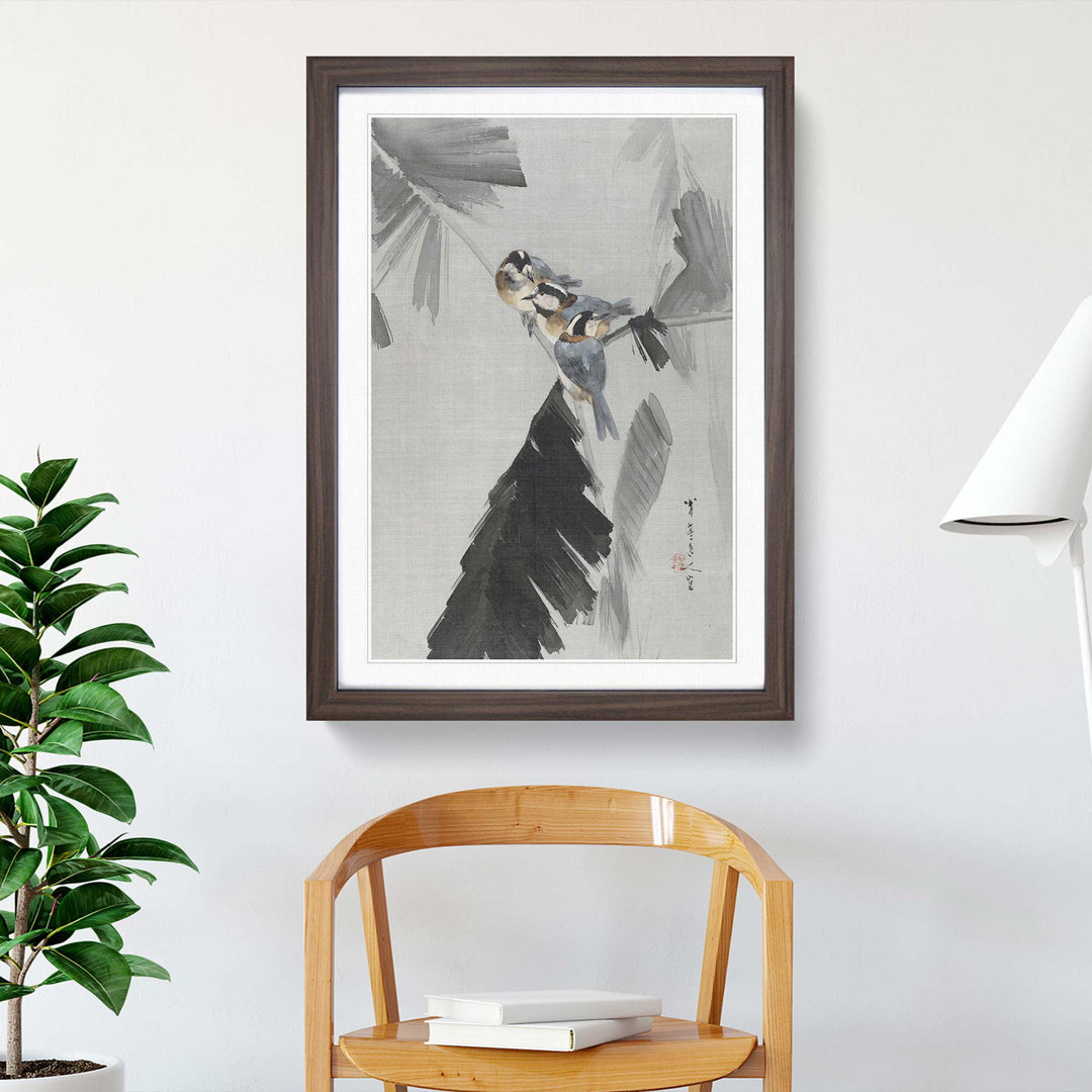 Three Birds on a Branch by Watanabe Seitei - Framed Print
