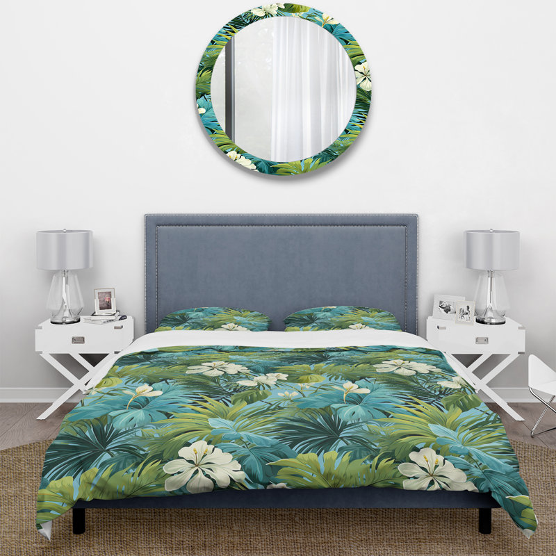 Ensemble de housse de couette bleu azur et vert motif tropical III - Tropical