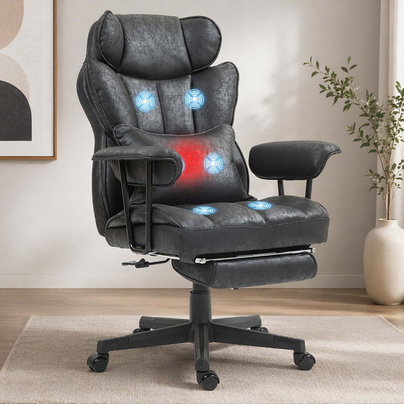 Chaise de bureau réglable avec 3 niveaux de chaleur lombaire, vibration, repose-pieds, microfibre, noir, dossier inclinable pour des niveaux de relaxation et de massage par vibration, soutien supplémentaire