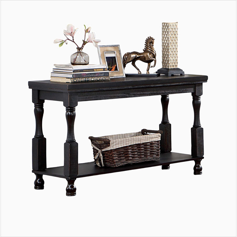 Rustic Style Antique Black 1pc SOFA TABLE Open Bottom Shelf Plank Style Table Top