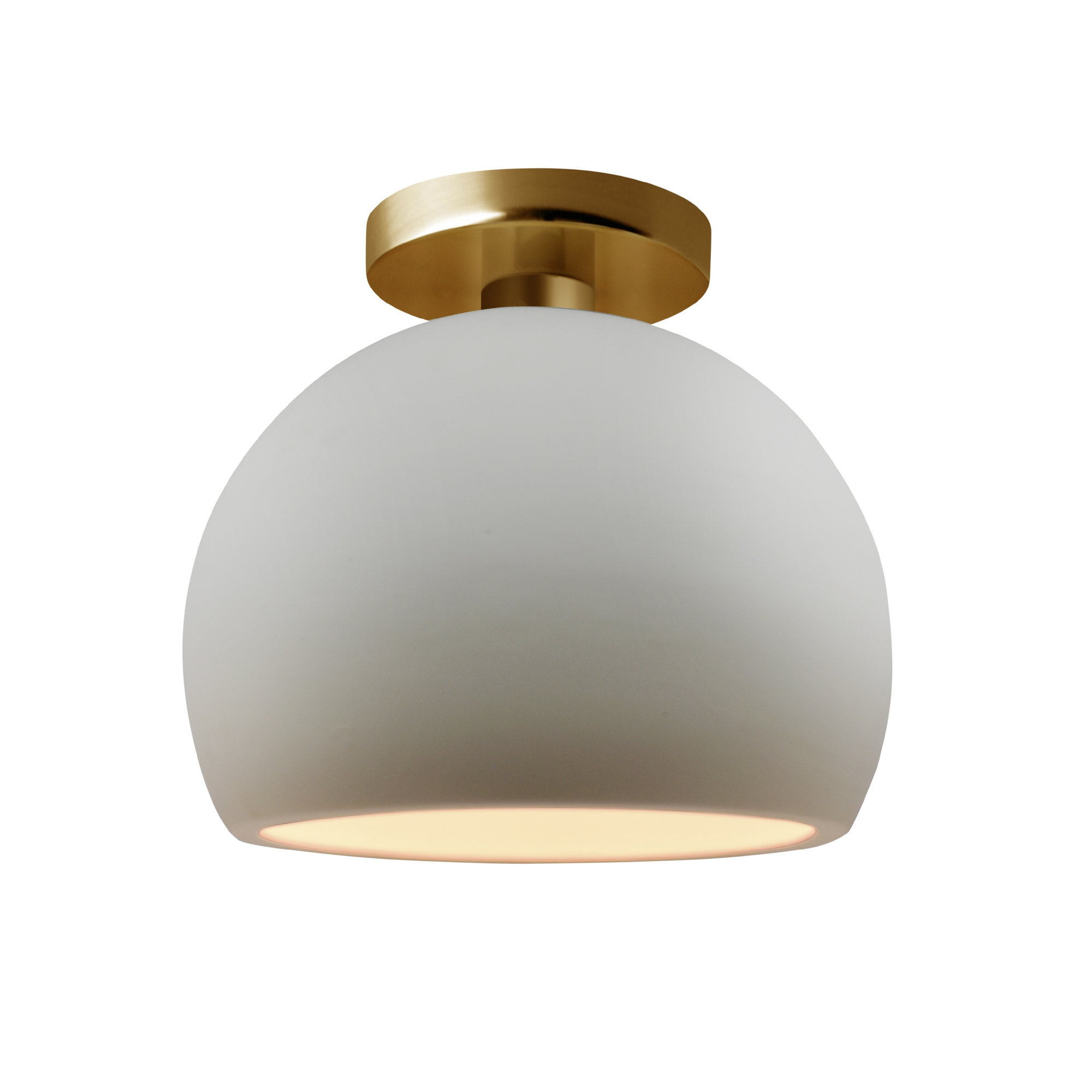 Single Light Ceramic LED Semi Flush Mount, 7" H x 7" W x 7" D, Bisque, Brushed Brass