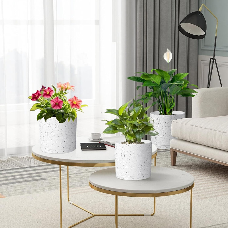 Ensemble de pots à fleurs cylindriques en plastique de 3 (8, 7 et 6 pouces) - blanc avec taches noires