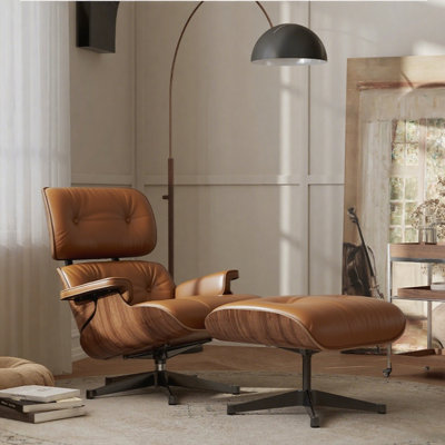 Mid Century Chaise Lounge Chair With Ottoman, Top Grain Leather, Modern Office Chair Classic Design, Heavy Duty Base Support For Living Room Study Lou
