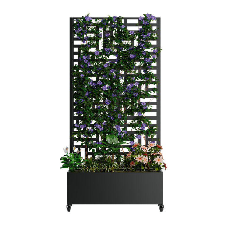 Metal Planter Box with Trellis, 73"x35"x16 Metal Raised Garden Bed with Trellis, Metal Planter Box with Drainage Holes & Lockable Wheels & Privacy Screen for Climbing Plants, Vegetables, Vines