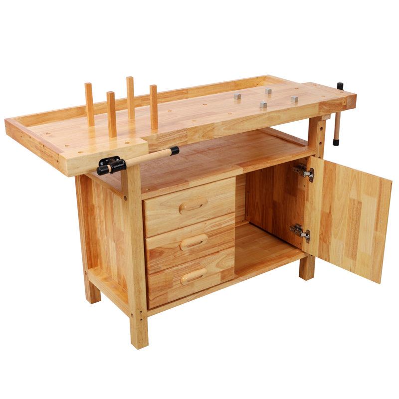 Établi 50 po en bois d'hévéa avec 3 tiroirs et tablette ouverte