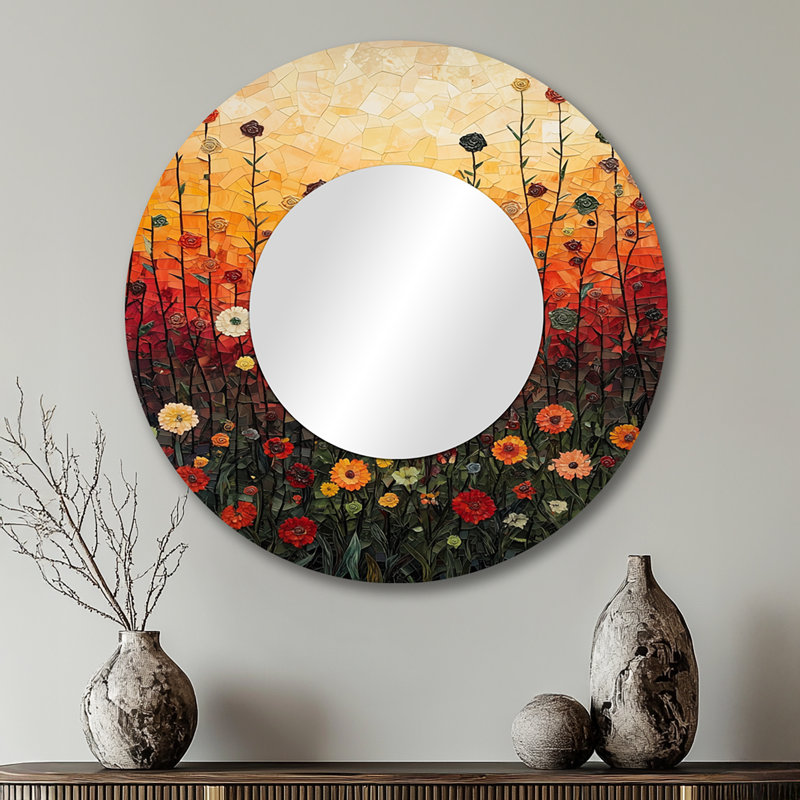 Red Sunset Wildflowers Glory I - Traditional Decorative Mirror Wall Art - Printed On Metal, 29" x 29"