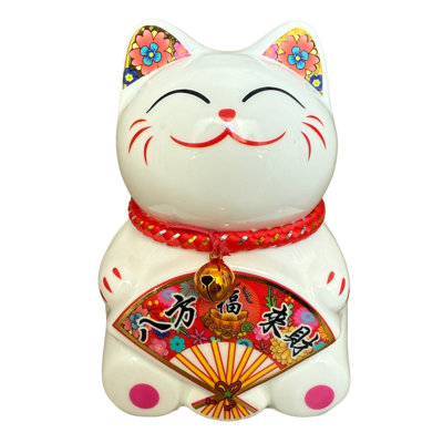 Small Lucky Cat Coin Bank - Feng Shui Maneki Neko Ceramic Piggy Bank For Good Luck & Prosperity, Feng Shui Ornament Money Fortune Cat Gift Decorations For Home, Office, Store - 4.75" Height (Fan 2)