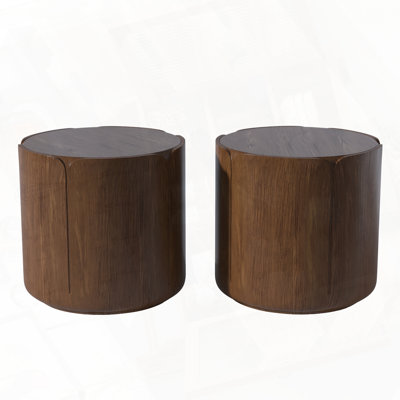Round Outdoor Indoor Side Table Set, Modern Wood Grain Design, Sturdy Magnesium Oxide, Waterproof, No-Assembly Required,  For Patio And Living Room, Brown, Set Of 2