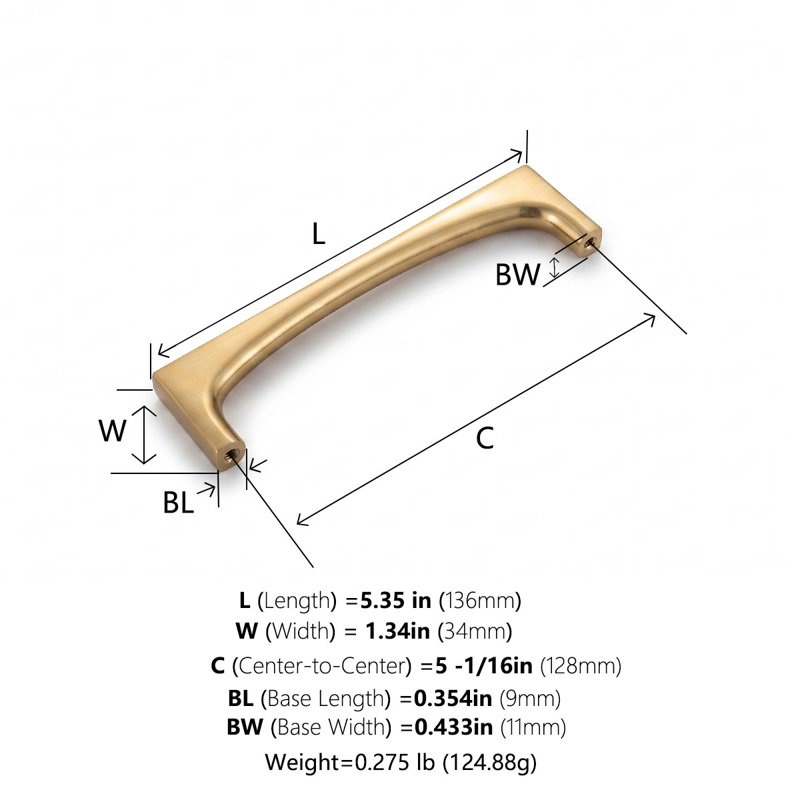 Poignée d'armoire courbée moderne en alliage de zinc pour armoires, tiroirs et meubles, 5 1/16", Brushed Brass, 1 Pack