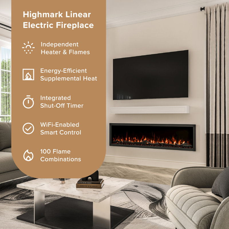Highmark 72" Recessed or Wall Mounted Electric Fireplace Heater, 10 Flame Colors, Google & Alexa Compatible, Logs & Crystals, Remote Control