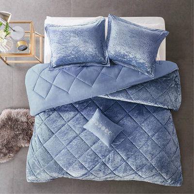 Édredon luxueux en velours bleu pervenche pour très grand / très grand lit - Remplissage 2 taies décoratives et 1 coussin décoratif