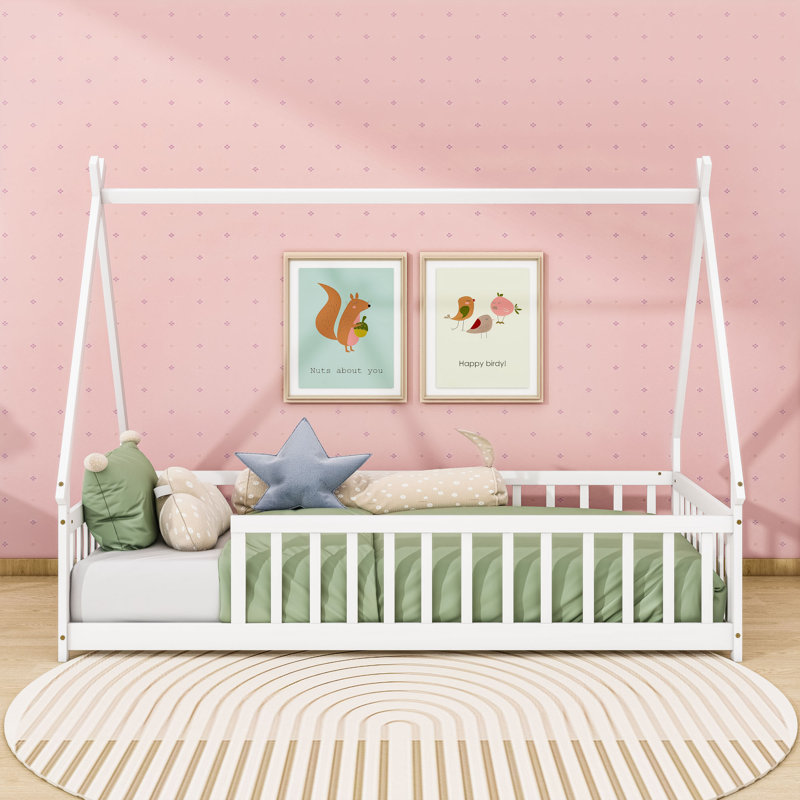Twin Tent-Shaped Floor Bed With Guardrails, White