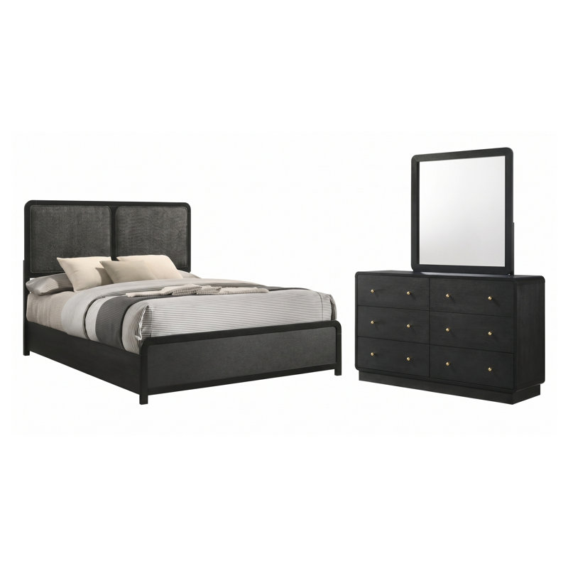 Ensemble de chambre à coucher Delacroix Queen 3 pièces comprenant un lit à panneaux, une commode et un miroir noir