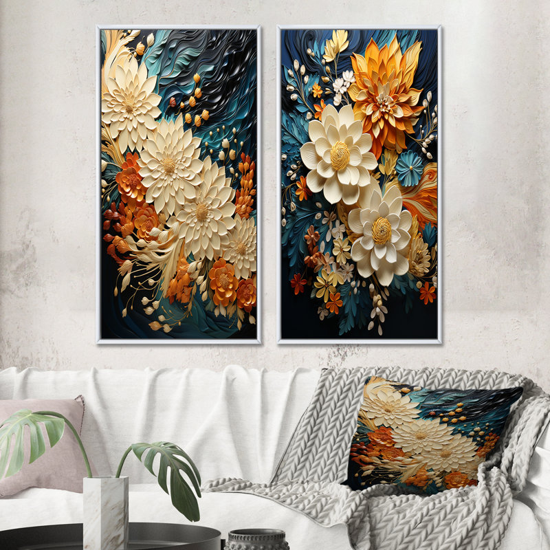 Tourbillon botanique orange sarcelle II - ensemble d'art mural abstrait de 2 art mural moderne pour la décoration intérieure