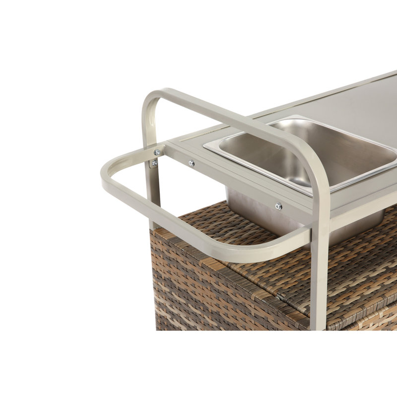 Outdoor Bar Table With Cabinet & Convenient Wheels - Beige Patio Serving Cart, Steel Top, Lockable, All-Weather, Side Basket, Easy Assembly Instructions Cart Top Table, , Lockable Wheels, Simple