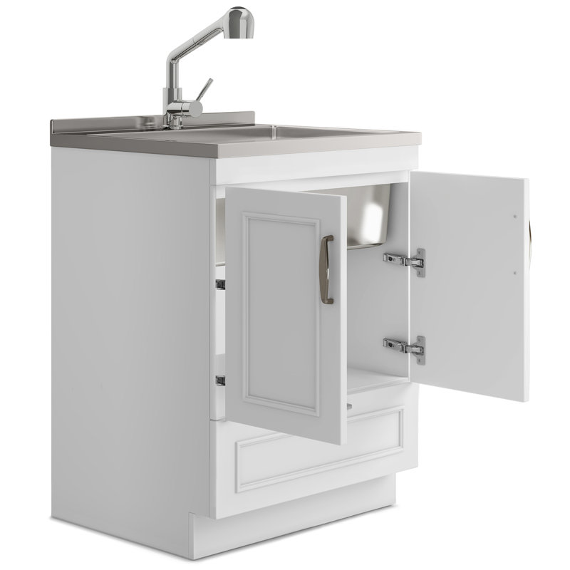 Cardinal 28"W Utility Sink & Laundry Cabinet with High Arch Pull-Out Faucet and Stainless Steel Sink, White