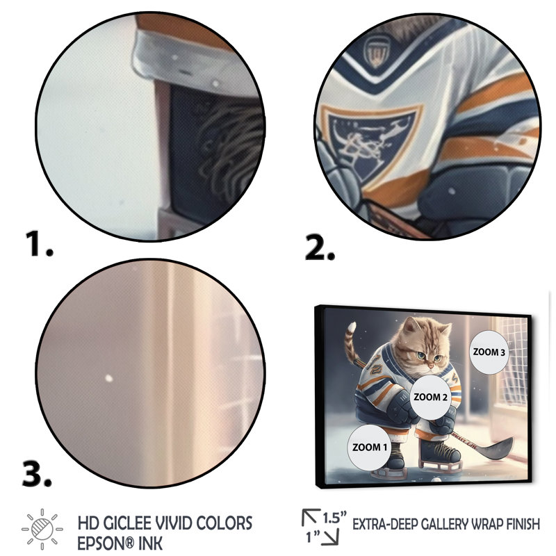 Dessin animé «Hocket Cat on Ice Rink I», impression sur toile, H 16 po x l 32 po x P 1 po, Toile avec cadre flottant noir
