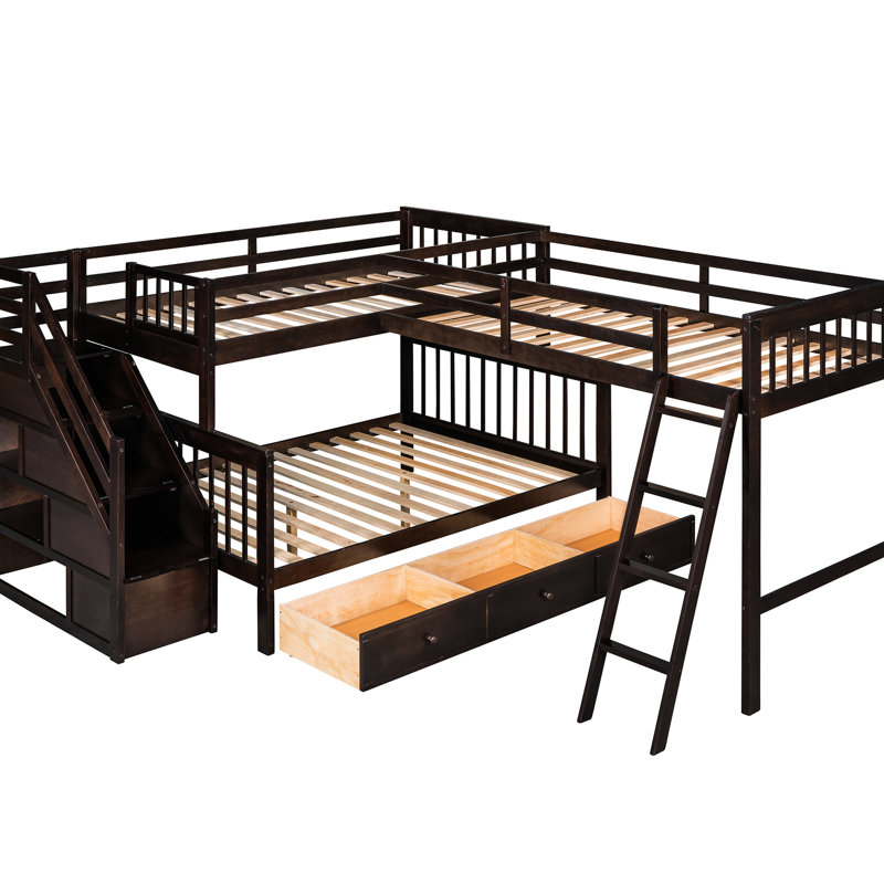 Lit simple superposé au dessus d'un lit double avec tiroirs. Et escalier inclus. Structure en bois massif durable. Protection de la famille. 6 ans et plus recommandés. Assemblage requis en forme de L avec style. 3 tiroirs et plus