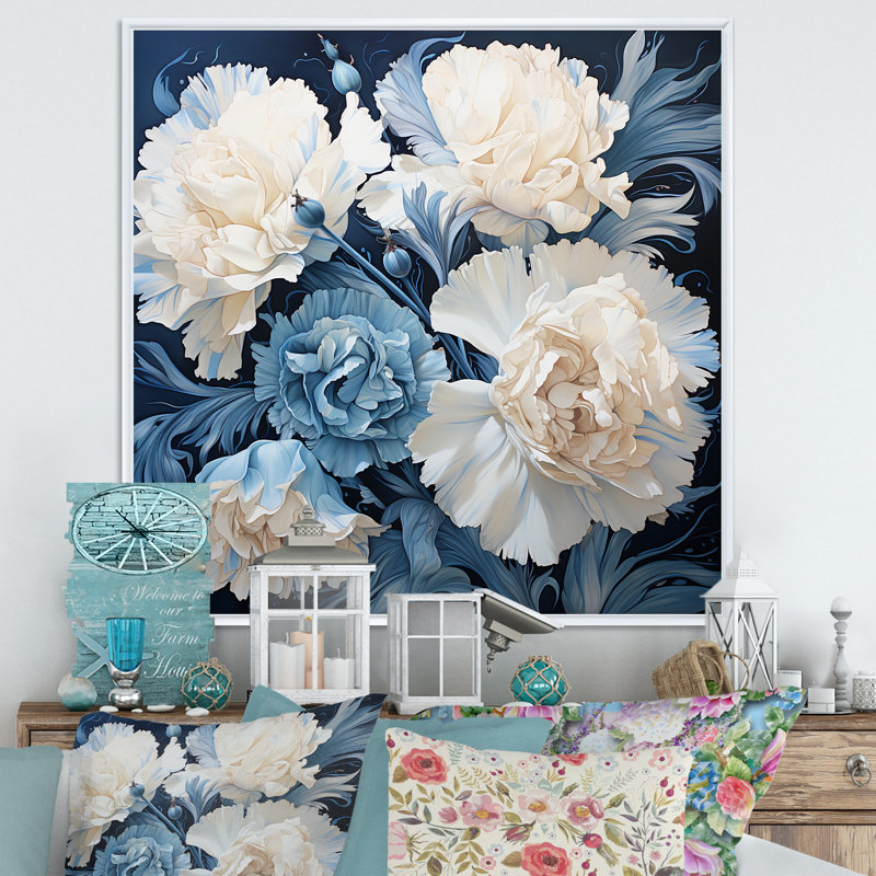 Arrangement d'œillets blanc et bleu sur toile, Cadre flottant blanc, H 30 po x l 30 po