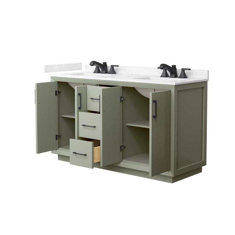 Strada Freestanding Double Bathroom Vanity with Cultured Marble Top, Green, Brushed Nickel, 60" W
