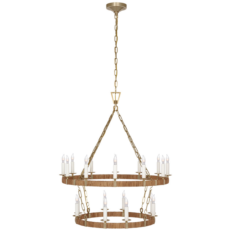 Darlana 20 - Light Wagon Wheel Chandelier, Antique-Burnished Brass/Natural Rattan, 36.75" H x 31.75" W x 31.75" D