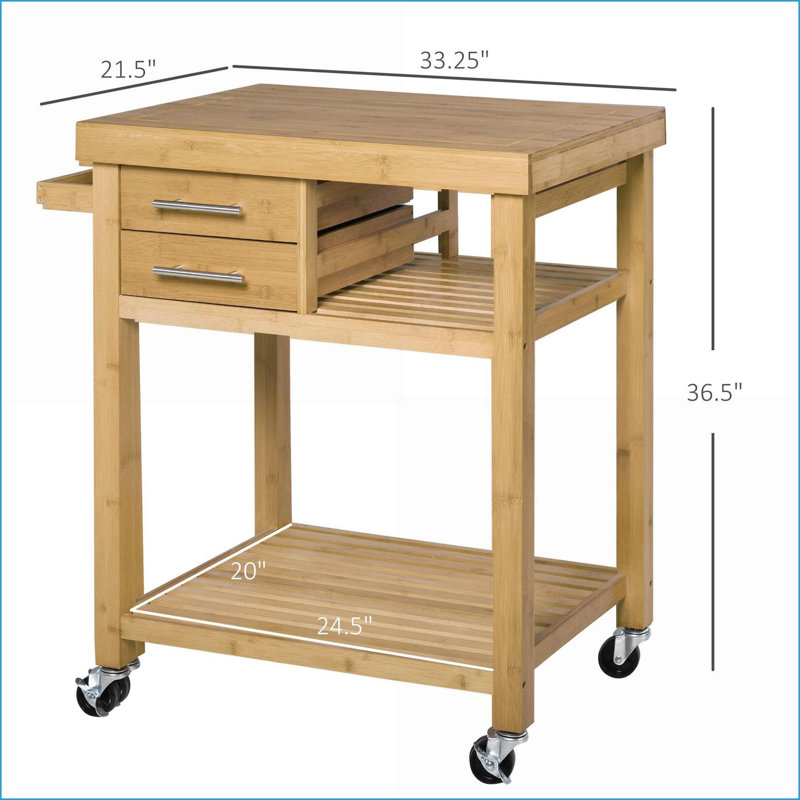 Îlots de cuisine avec tiroirs de rangement Tablettes, chariot utilitaire roulant en bambou par HOMcom | Naturel | Ton de bambou