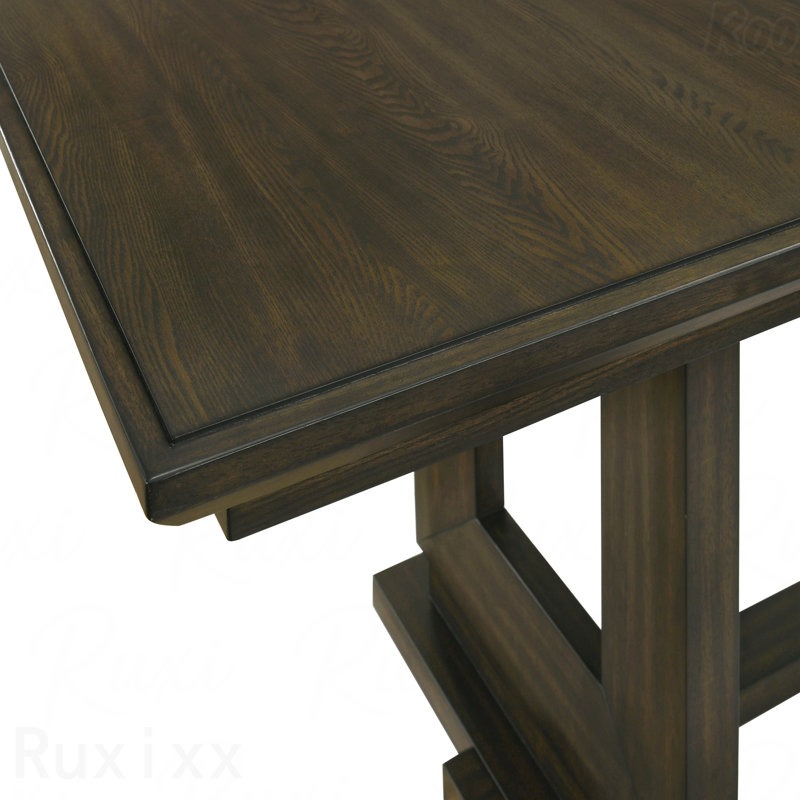 Rectangular Extendable Dining Table 18" Leaf Trestle Pedestal Base Dark Wood