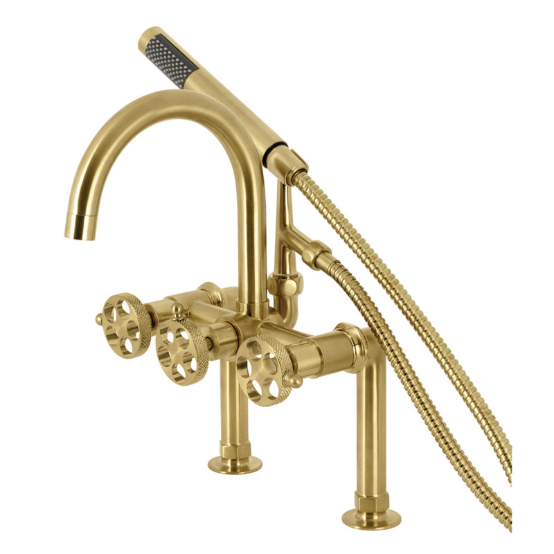 Kingston Brass Webb Three-Handle 2-Hole Deck Mount Clawfoot Tub Faucet with Knurled Handle and Hand Shower, Brushed Brass