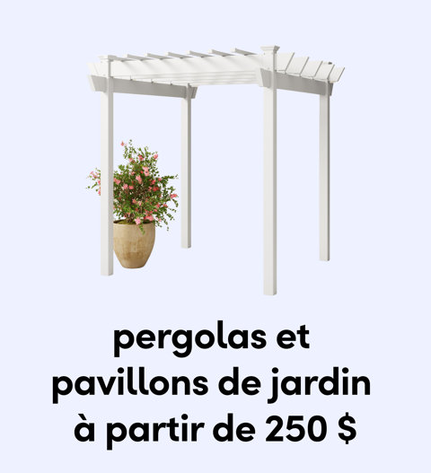 Une pergola de jardin autoportante blanche positionnée au-dessus d une grande plante en pot avec des fleurs roses à partir de 250 $.